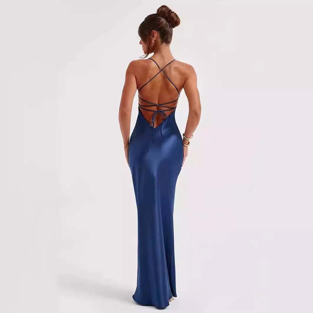 Kvinna Lång Klänning V-hals Ärmös Polyester Spaghetti-Stil-3