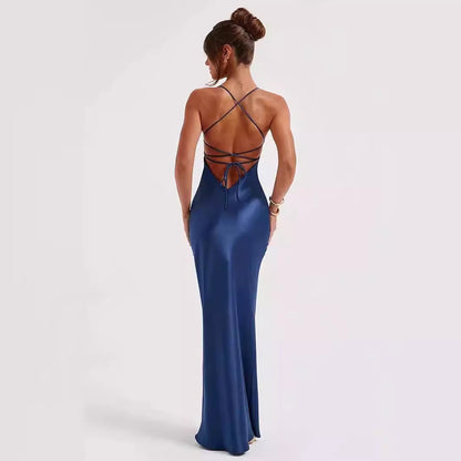 Kvinna Lång Klänning V-hals Ärmös Polyester Spaghetti-Stil-3