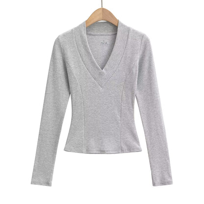 Kvinnors Långärmad Topp Djup V-hals Elastisk Material 4