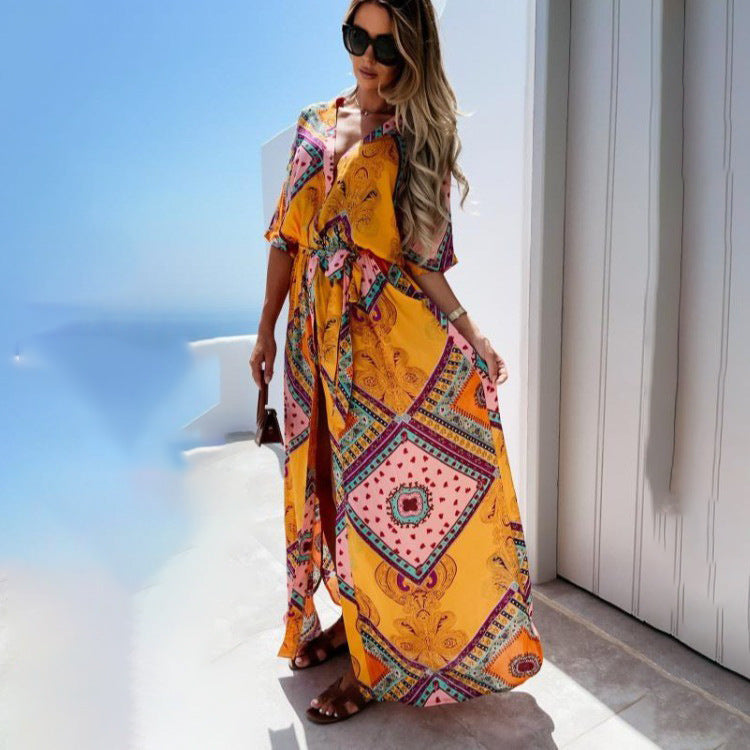 Dam Maxiklänning Blommönster Volangärmar Polyester-3