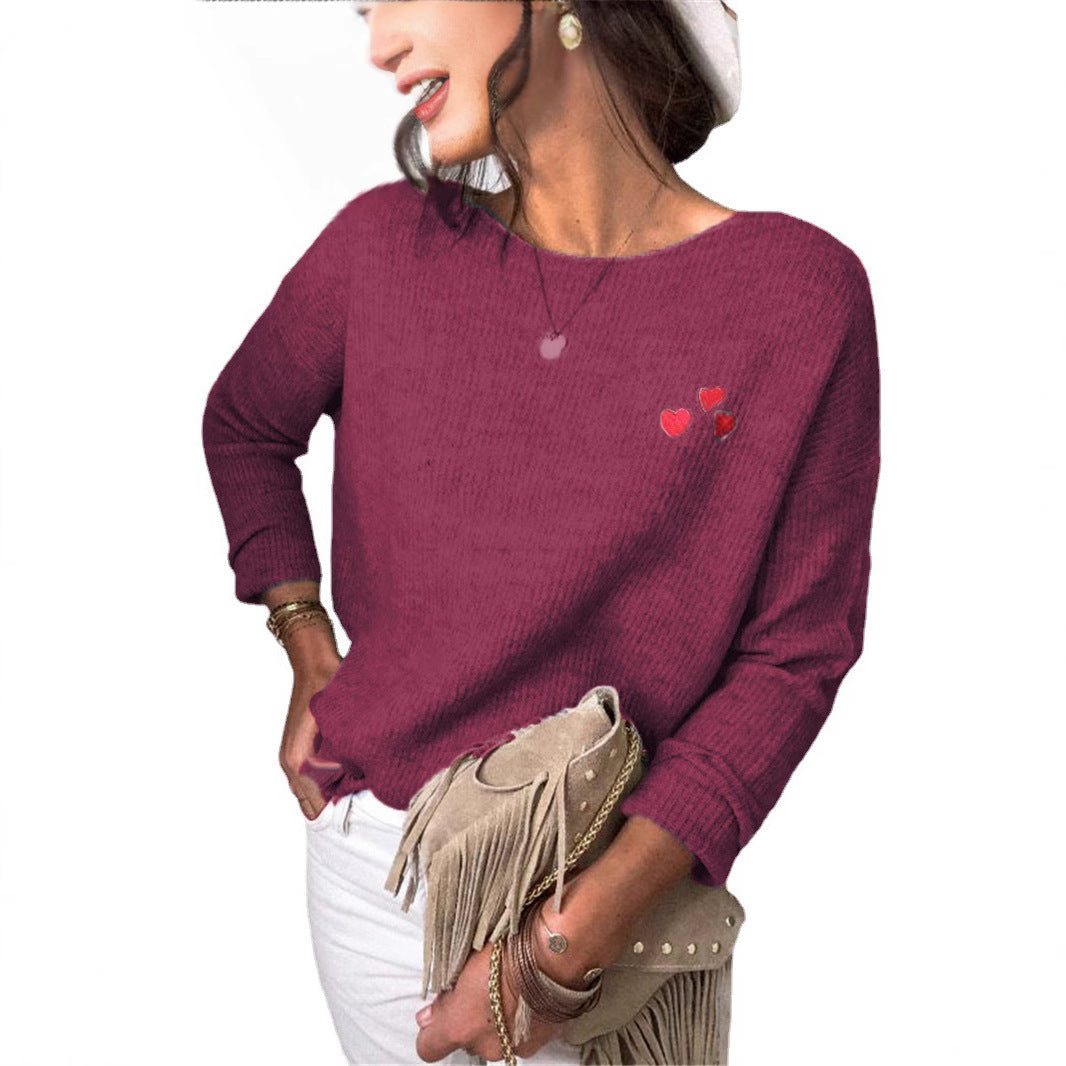 Dam Tröja Broderad Hjärta Långärmad 100% Bomull-3