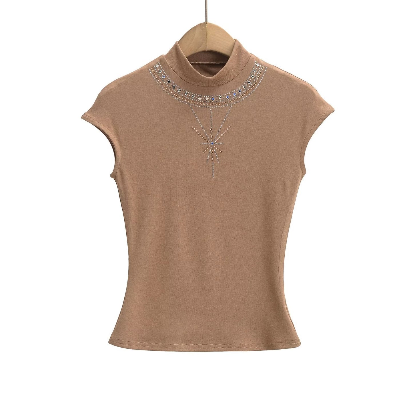 Kvinnor Kortärmad Topp med Chic Stand-Up Krage och Glänsande Strassdetaljer – Vit, Mjuk Bomullsblandning 4