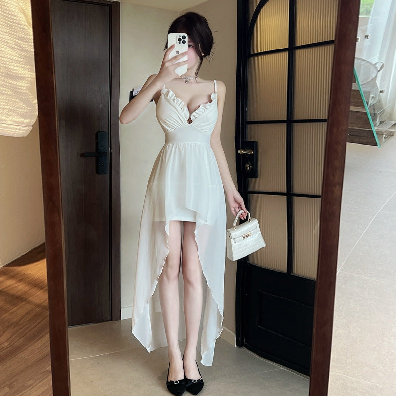 Dam Oregelbunden Basklänning Spaghetti Band Polyester-3