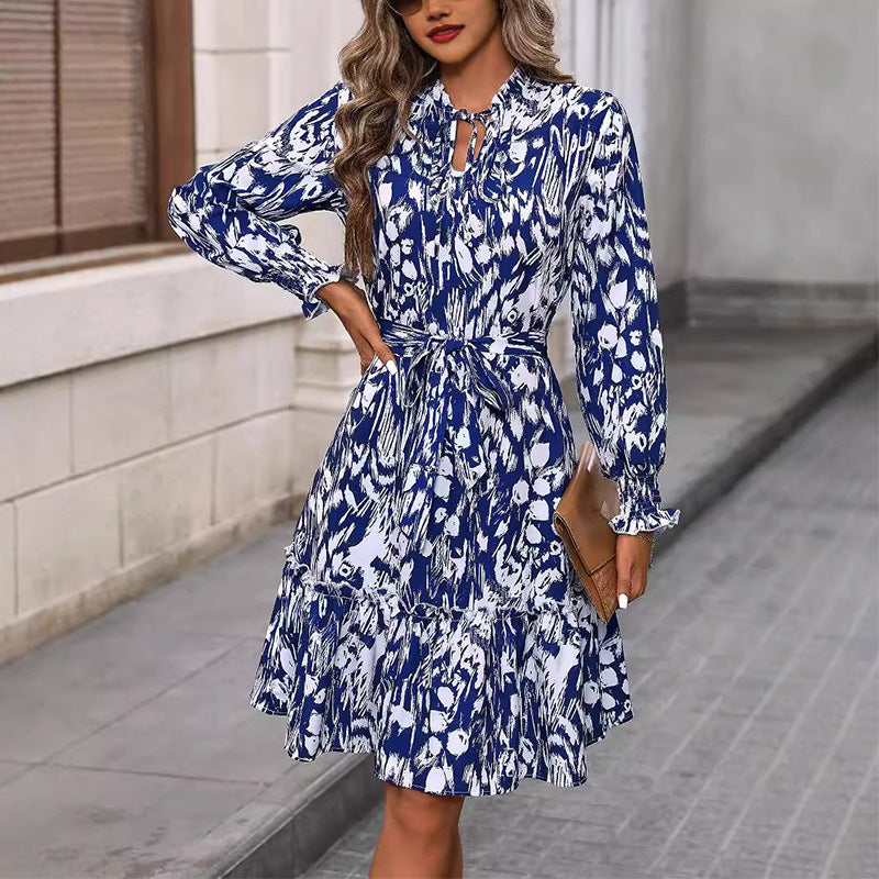 Dam A-linjeklänning Rynkade Detaljer Lång Ärmar Mjukt Tyg-3