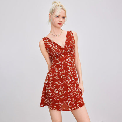 Dam Blommaklänning V-ringning Svängande Lätt Tyg-2