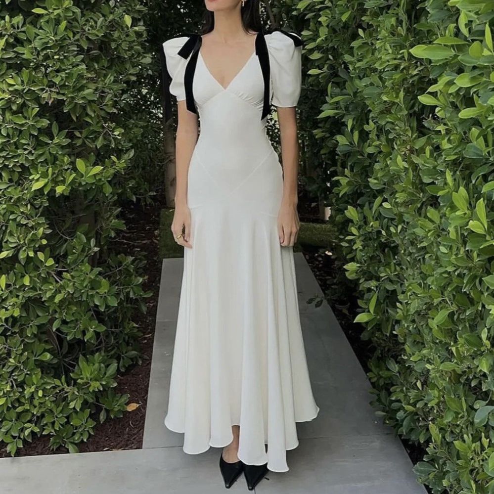 Dam Klänning V-ringad med Puffärmar i Polyester Fina Dam Klänningar 2