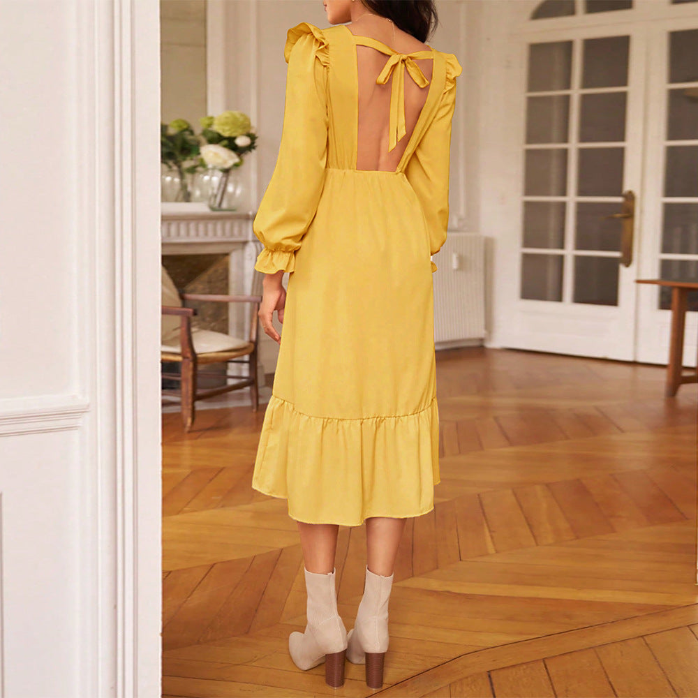 Kvinnors Lång Klänning Öppen Rygg Patchwork Högkvalitativt Tyg-3