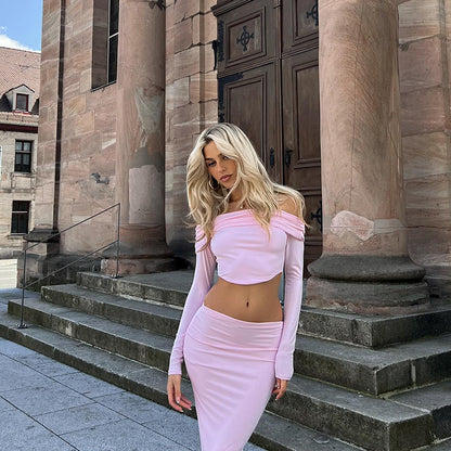 Off-Shoulder Set för Dam med Långa Ärmar och Figurpassande Kjol i Elastiskt Tyg – Elegant För Fester och Middagar 3