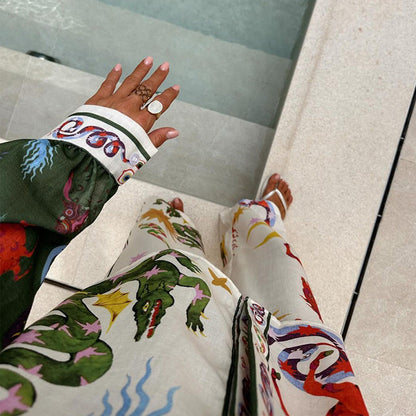 Kvinnors Sommaroutfit Avslappnad Blommönstrad Skjorta och Byxor Lätt Tyg 3