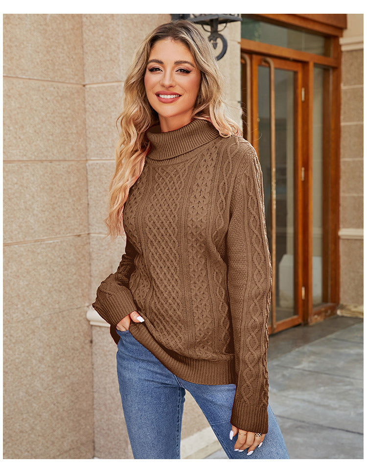 Stickad Dam Turtleneck Tröja i Mjuk Akryl med Kabelstickat Mönster-6