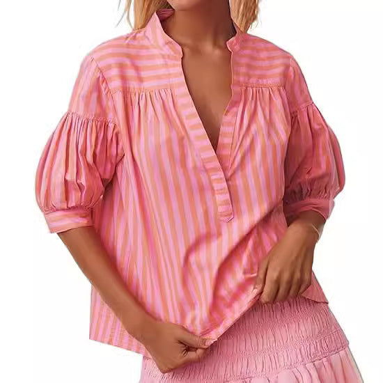 Dam V-hals Topp Randig Lapptäcke Chiffon-2