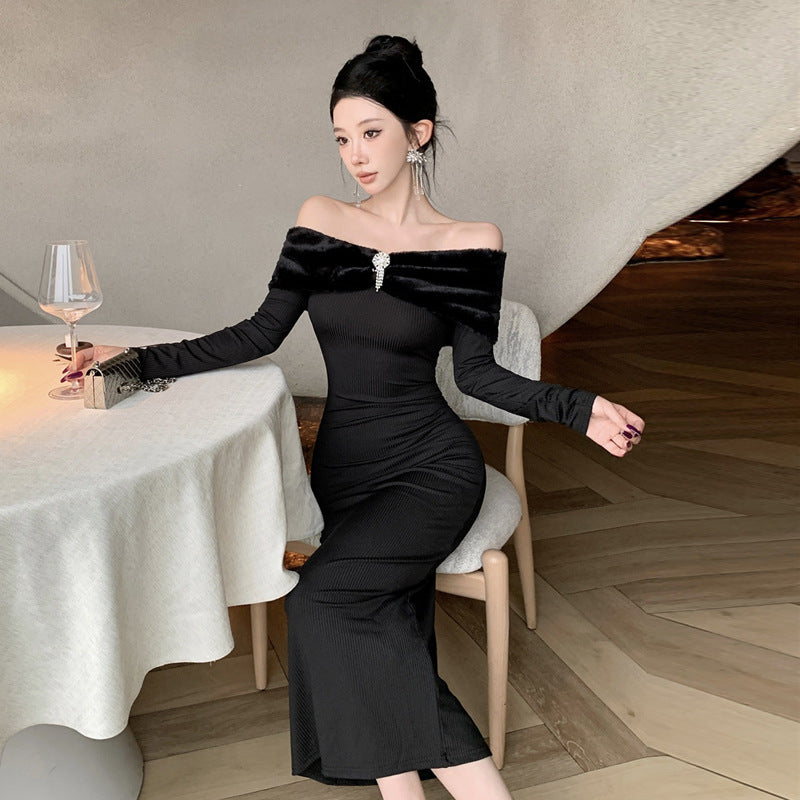 Kvinnors Midjeklänning Off-the-Shoulder Fluffig Polyester-5