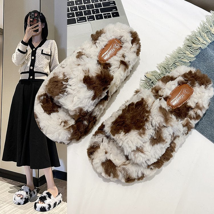 Dam Tofflor Fleece Ko-Mönster Mjuk och Bekväm 3