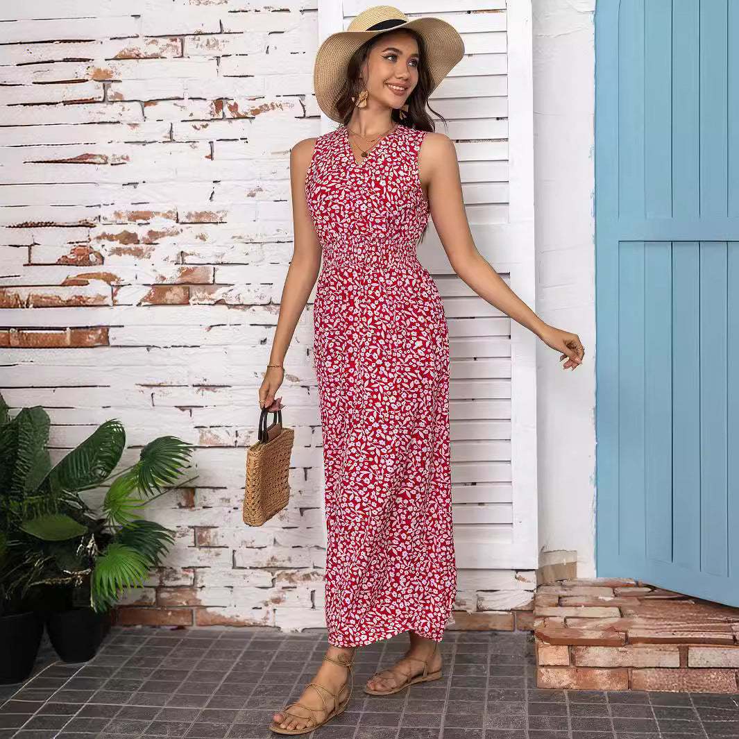 A-linjeformad Maxiklänning Dam med Blommönster, Ärmlös V-ringning, Lång Klänning i Polyester 3