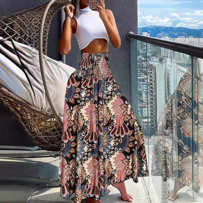 Kjol Dam Lång A-linjeformad Polyester med Elastisk Midja Retro Design 6