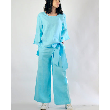 Dam Casual Set Vid Top och Långa Byxor i Bomull och Linne-2