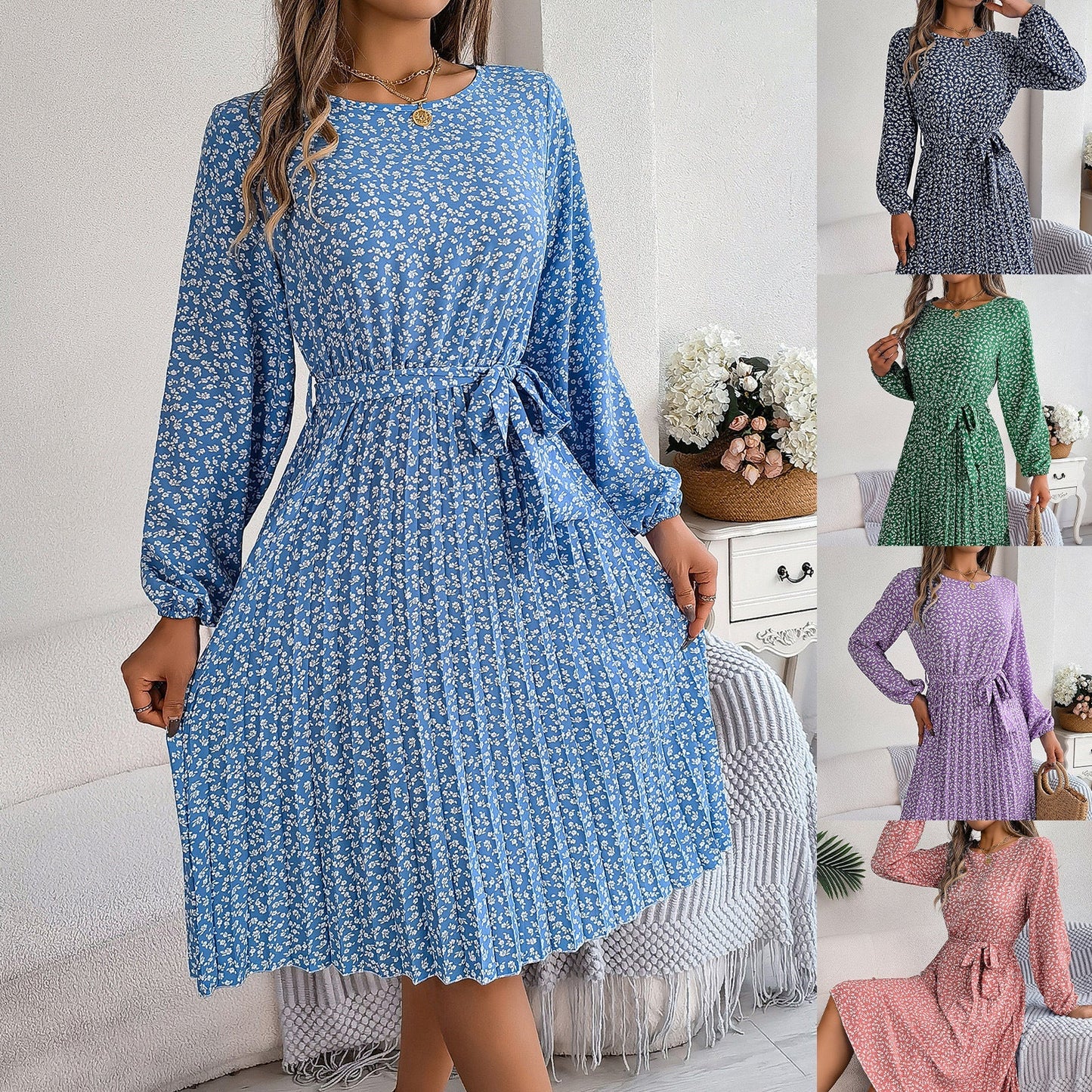 Dam Fällkjol Blommig Långärmad Högkvalitativt Tyg-2