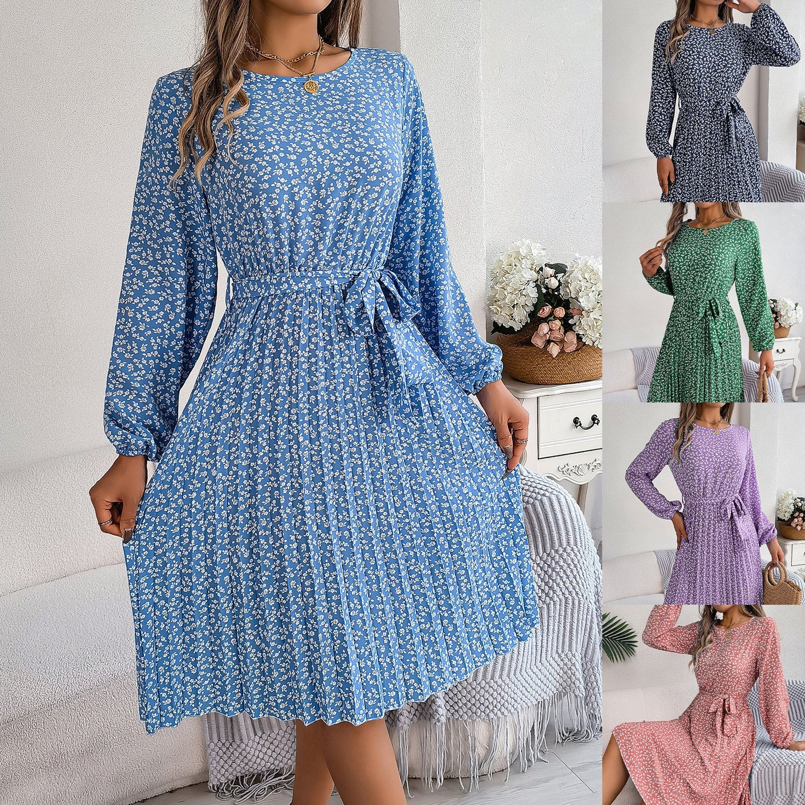 Dam Fällkjol Blommig Långärmad Högkvalitativt Tyg-2