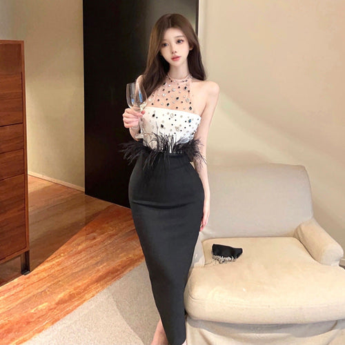 Dam Aftonklänning Lång Off-Shoulder Med Pärlor och Fjädrar-1