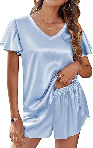 Kvinna Satin Set Korta Ärmar Avslappnad Polyester-4