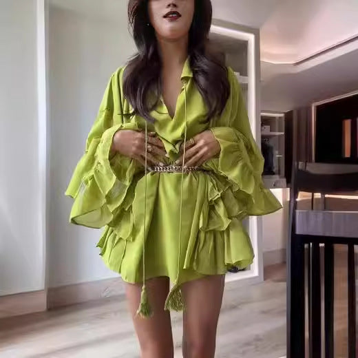 Damkläder Röd Ruffle Set V-Hals Topp Polyester Minikjol-3