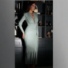 Fina Dam Klänningar Lång V-Hals Slim Fit Metallisk Tryckt Tyg-3