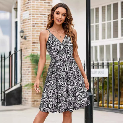 Dam Klänning V-hals Justerbara Remmar Andningsbar Bomull-2