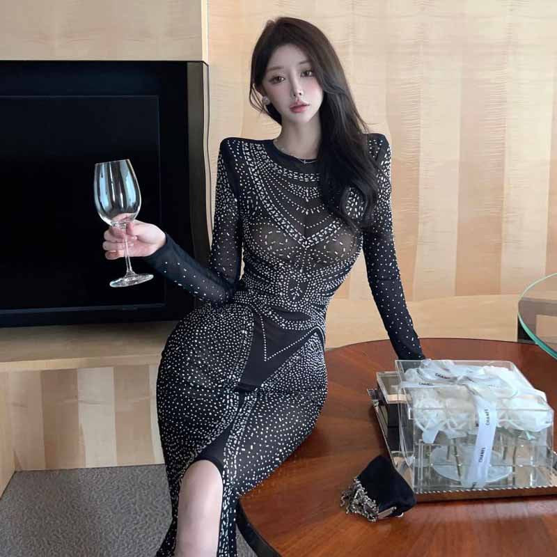 Maxiklänning Dam Med Mesh Och Rhinestones Lång Ärmar Elegant Slitsdesign 4