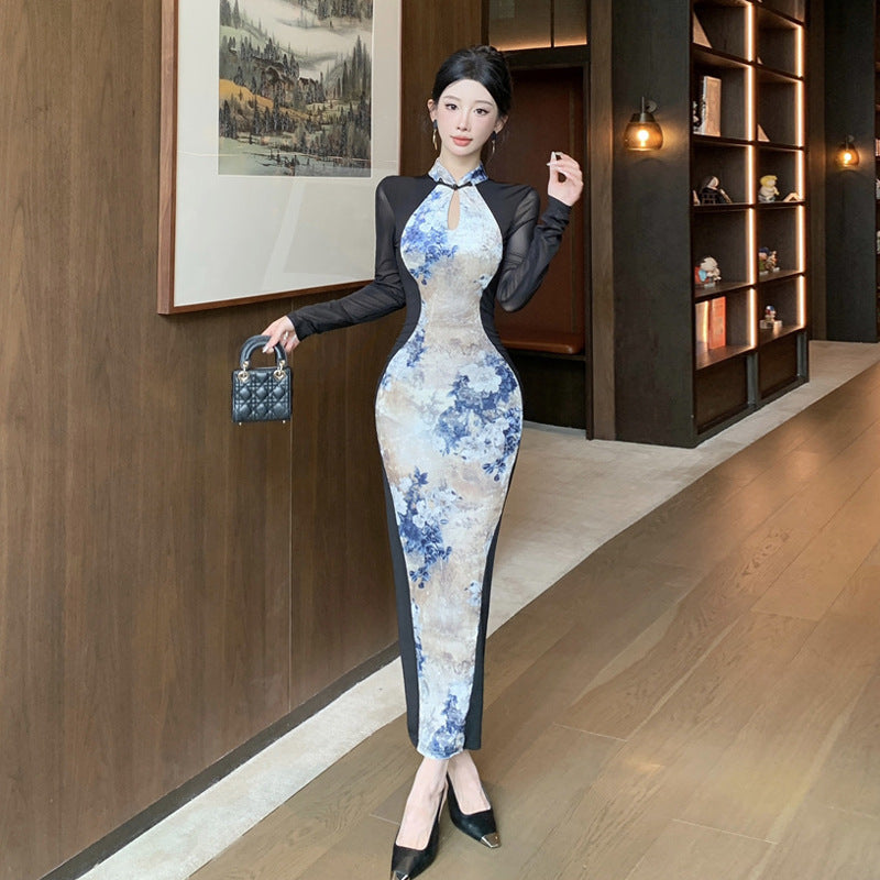 Bodycon Klänning för Kvinnor med Långa Ärmar och Ståkrage – Tryckt Mönster i Högkvalitativ Polyester 3