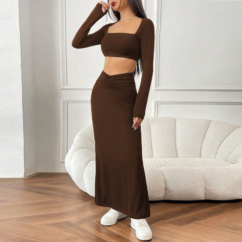 Dam Maxiklänning Skördetopp Mjuk Bomull med Fyrkantig Halsringning och Långa Ärmar-1