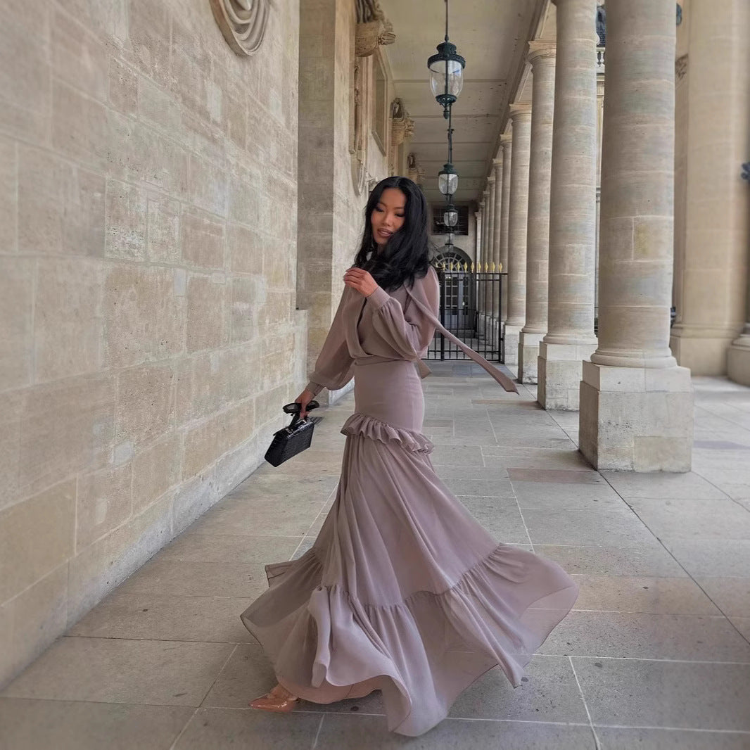 Dam Maxikjol Lång Ärmar Patchwork Högkvalitativt Tyg-4