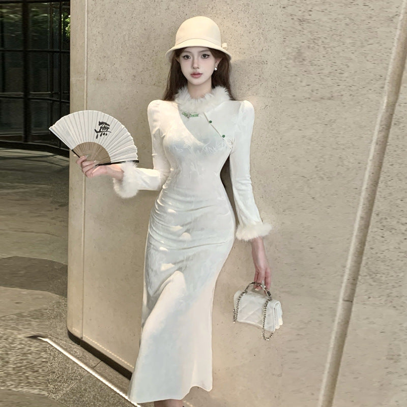 Dam Klänning Långärmad Velour med Unik Kjol-2