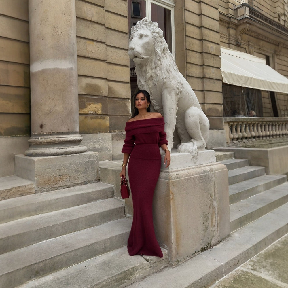 Dam Stickad Klänning Lång Ärmar Enfärgad Mjuk Akryl-3