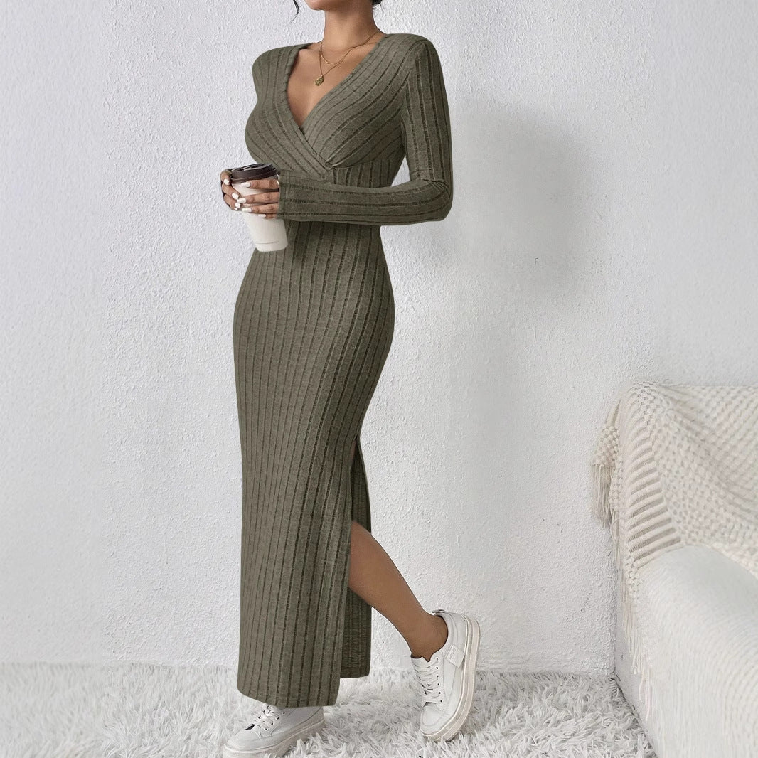 Dam Klänning Bodycon Långärmad Polyester V-Ringning Slim-Fit-2