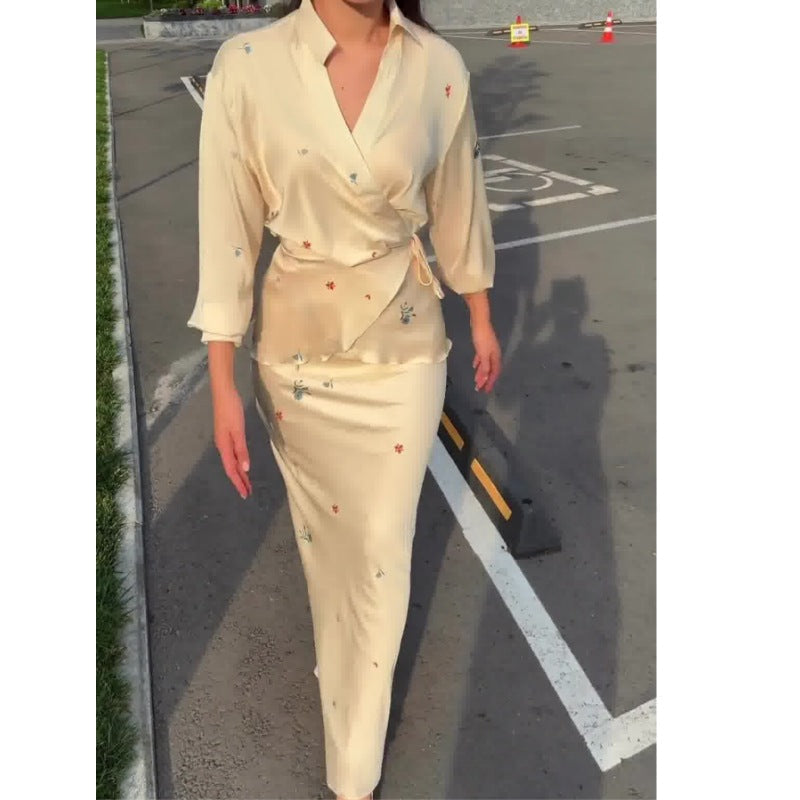 Kvinnors Långärmad Rock Bindande Polyester med Vegetabiliska Blommor-3