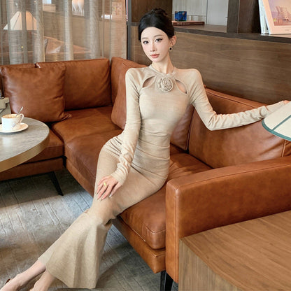 Dam Bodycon Klänning Smal Fit Lång Ärmar Polyester-4