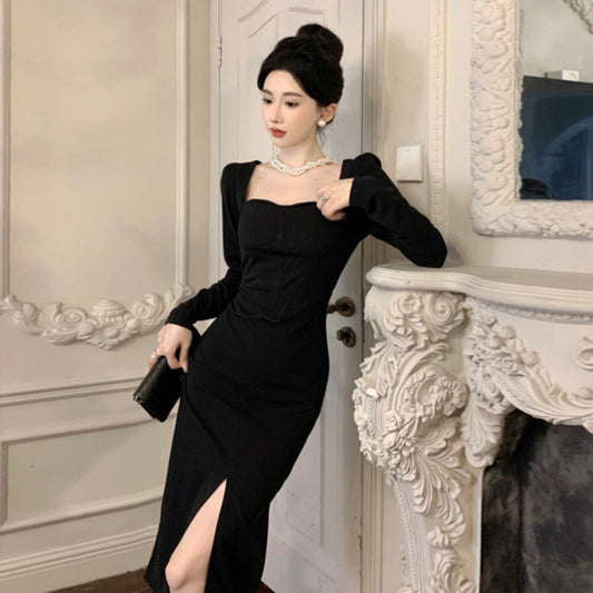 Dam Bodycon Klänning Fyrkantig Halsringning Långa Ärmar Fina Material-1