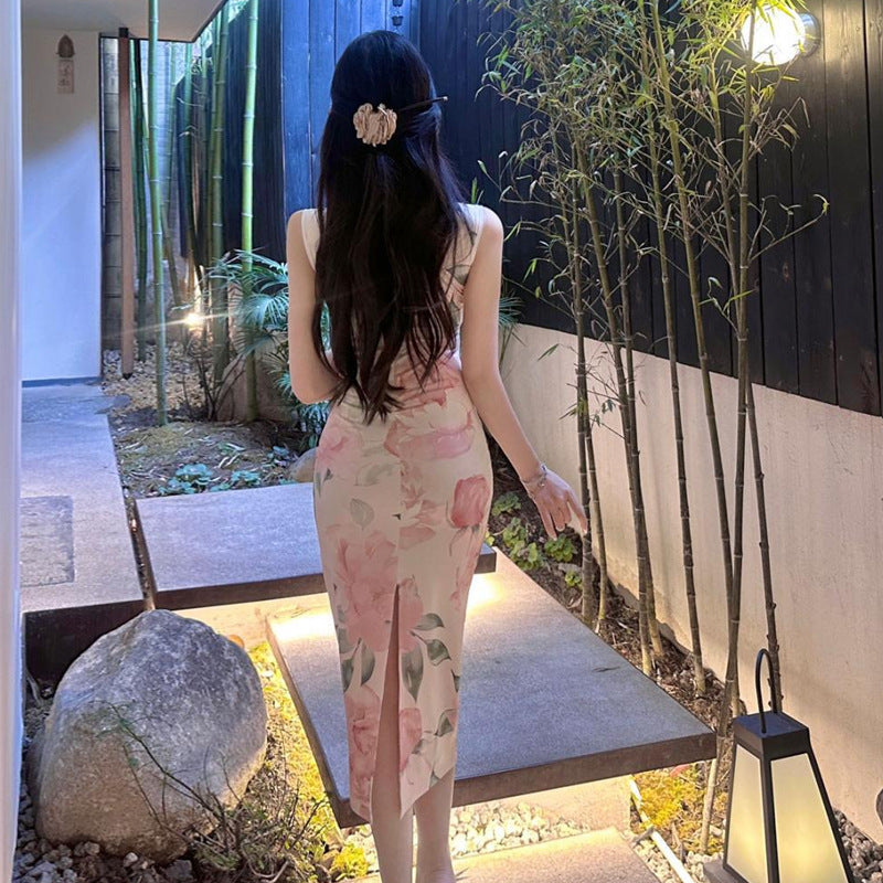 Kvinnors Lång Qipao Klänning Blommönster Högkvalitativt Tyg-4