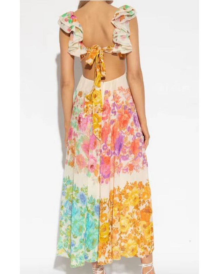 Dam Strandklänning Ihålig Bakre Lång Polyester-4