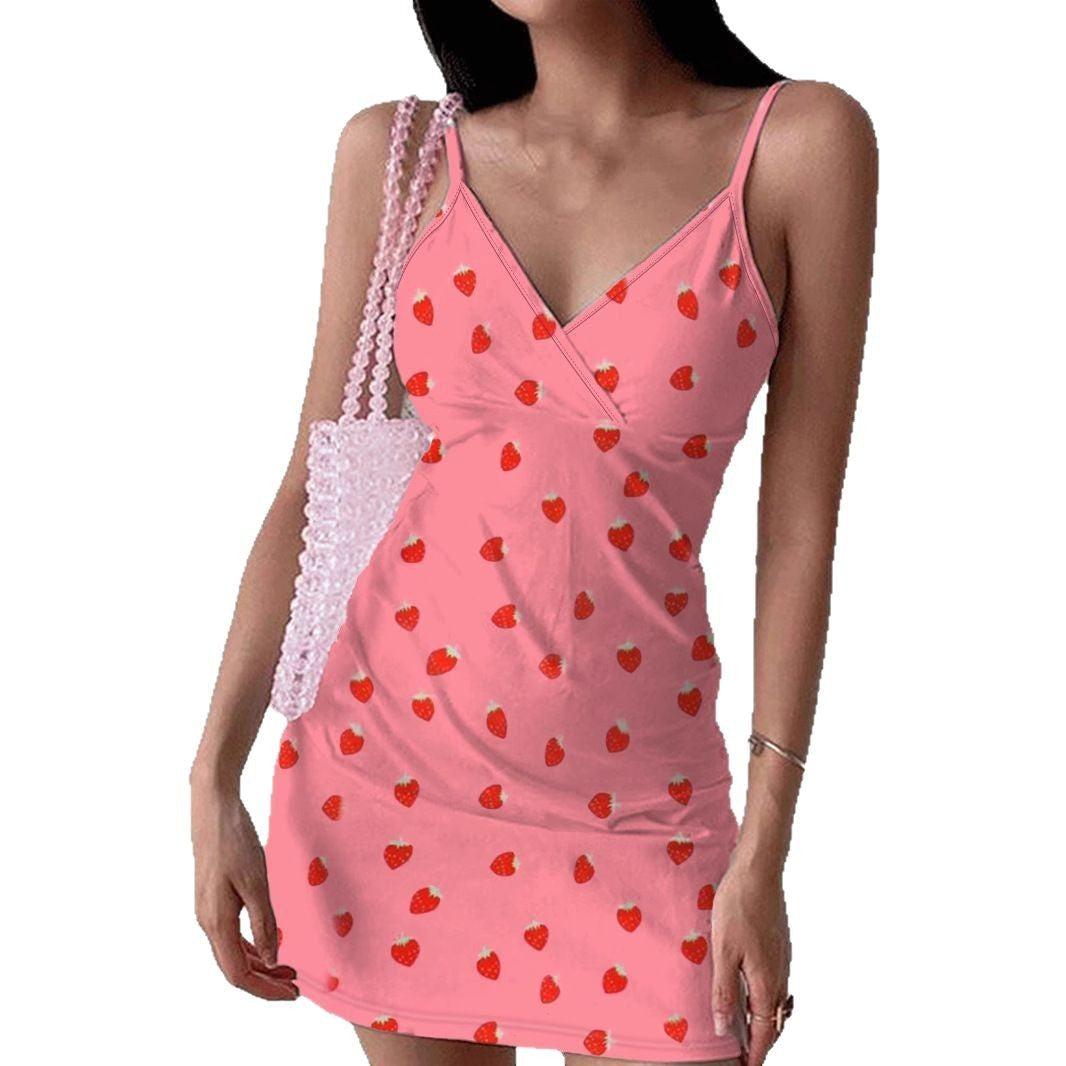 Kvinnors V-Ringad Klänning Jordgubbsprint Polyester-6