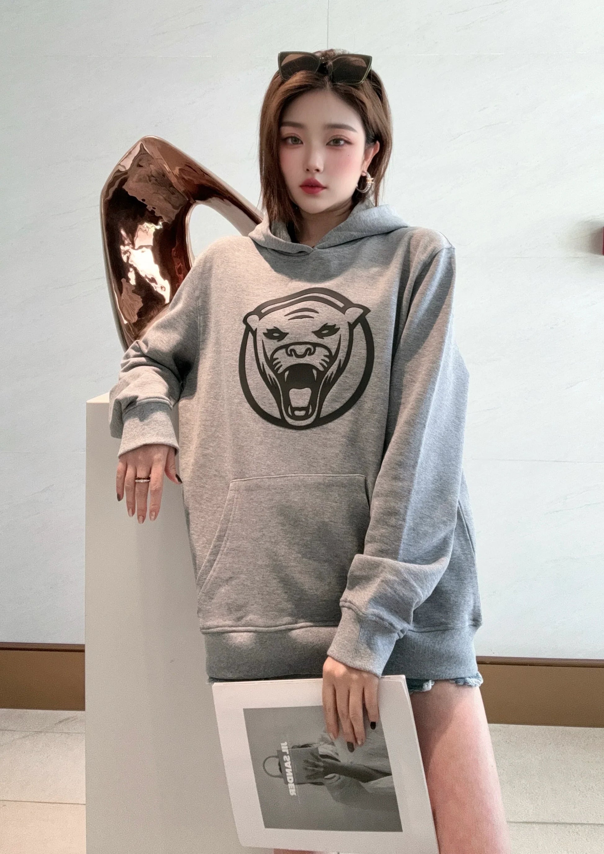 Tjocktröja Dam Löst Passande Med Huva i Bomull och Polyester-5