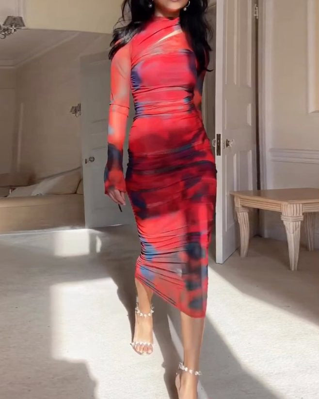 Dam Klänning Långärmad Abstrakt Spandex Elegant 1