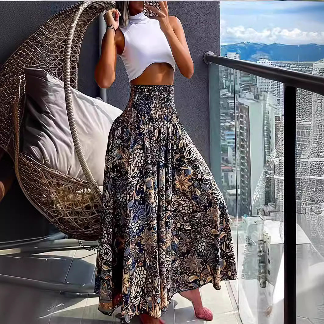 Kjol Dam Lång A-linjeformad Polyester med Elastisk Midja Retro Design 5