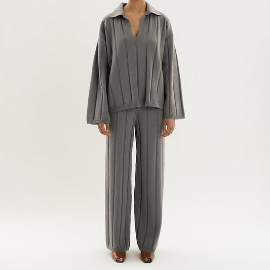 Dam Stickdräkt Avslappnad Mjuk Stickning Elegant Stripmönster 1