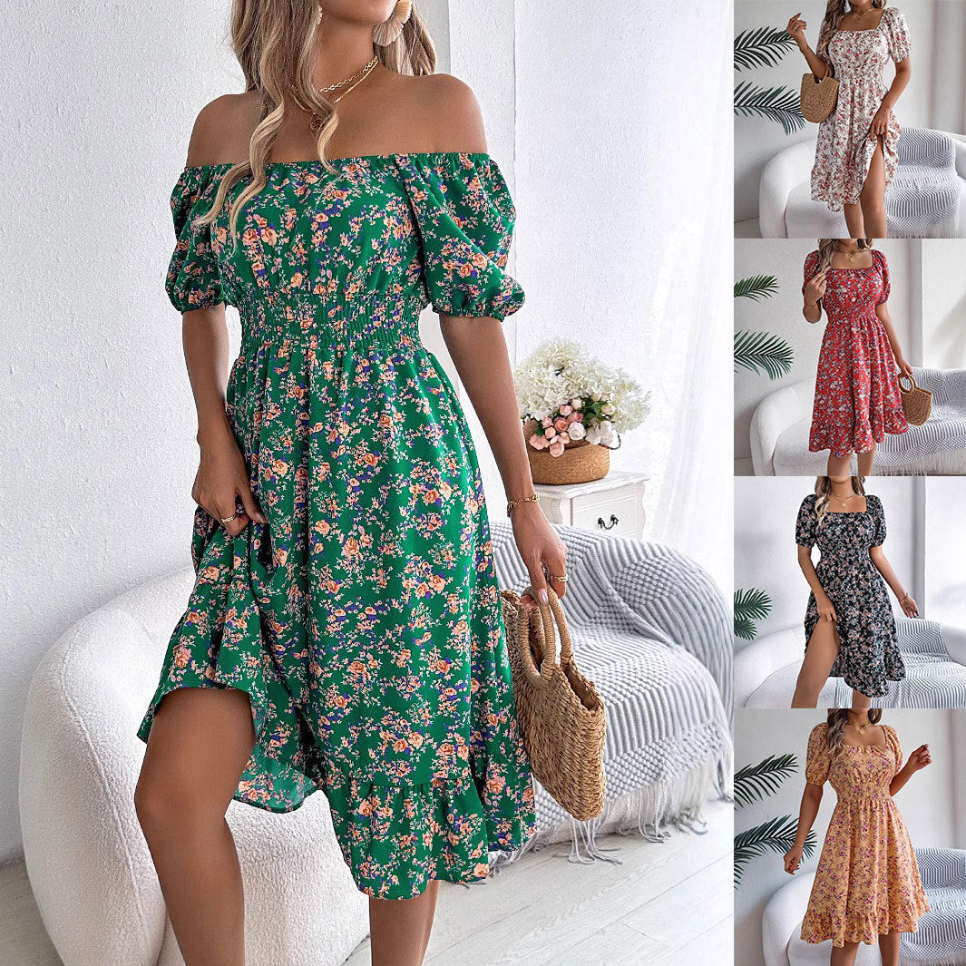 Kvinnors Midi Klänning Blommönster Polyester Fyrkantig Halsringning-2