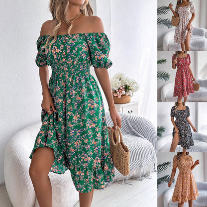 Kvinnors Midi Klänning Blommönster Polyester Fyrkantig Halsringning-2