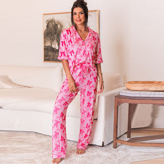 Kvinnors Kortärmad Set Chiffon Digitaltryck Långa Byxor-1