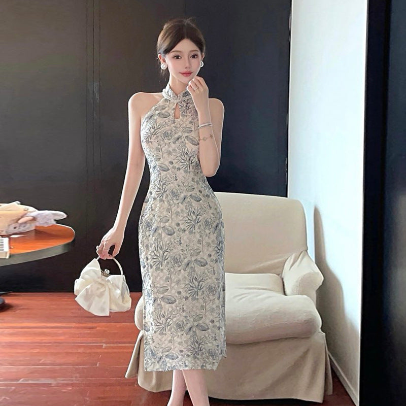 Kvinnors Cheongsam Klänning Blommönster med Pärldetaljer Polyester-3