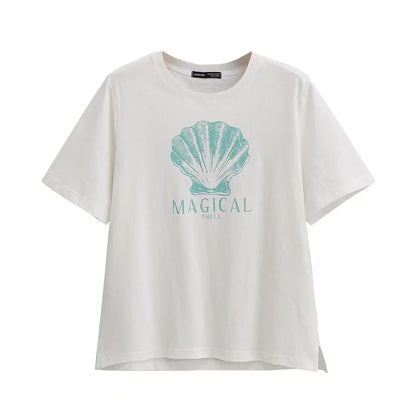 Dam T-shirt Avslappnad Snitt 100% Bomull med Kreativt Skaltryck-1