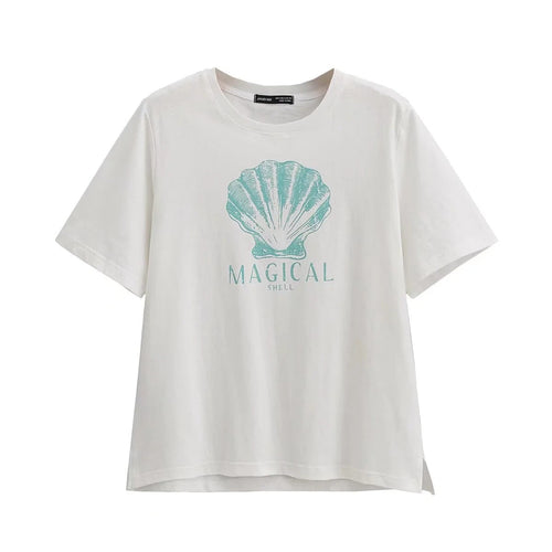 Dam T-shirt Avslappnad Snitt 100% Bomull med Kreativt Skaltryck-1